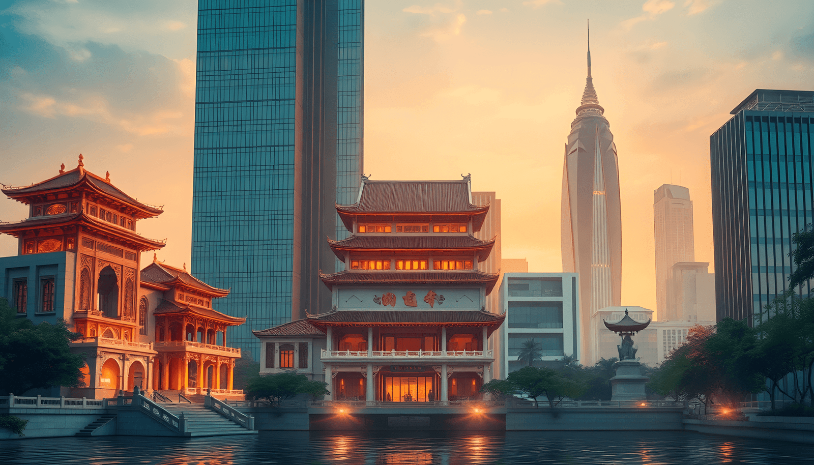 Fusion of ancient temple and modern skyscraper in Vietnam