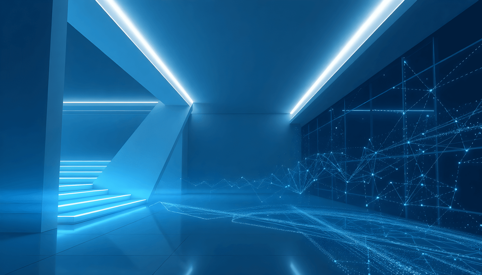Abstract digital art showing AI data streams merging with architectural forms