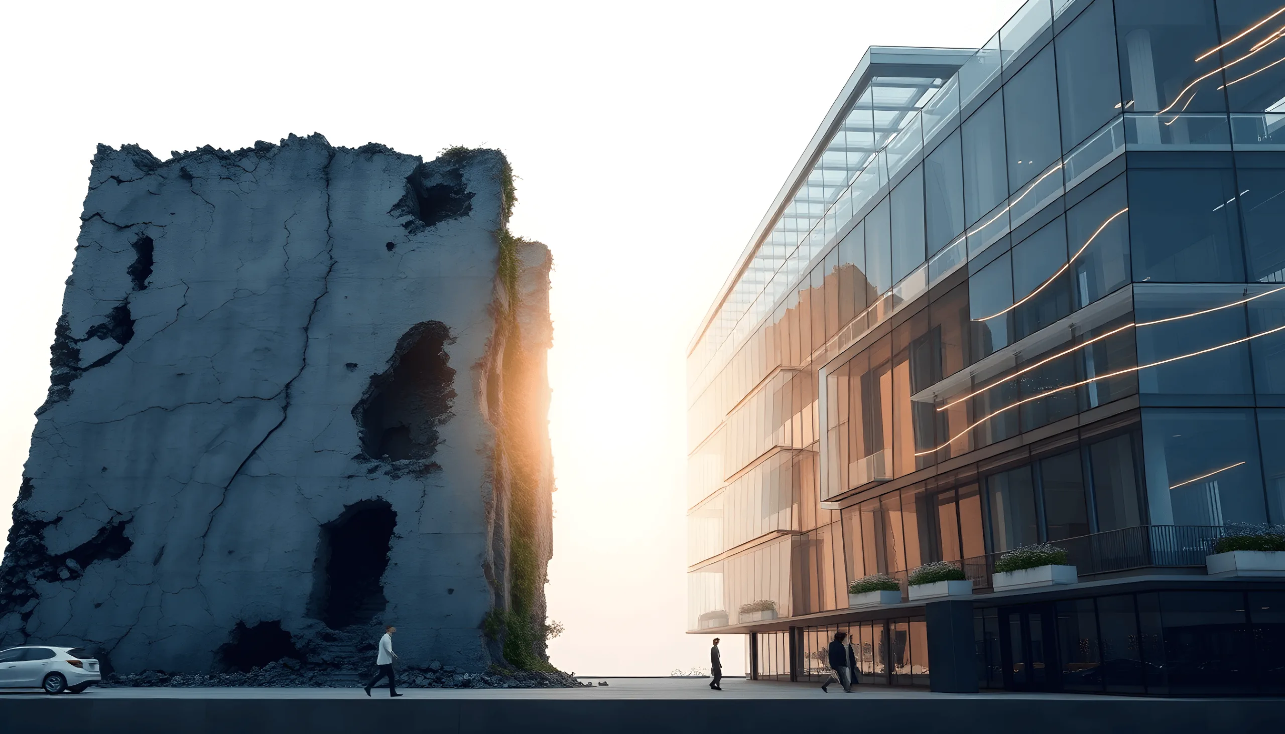 Conceptual image depicting crumbling traditional architecture transforming into sleek, modern, sustainable buildings.