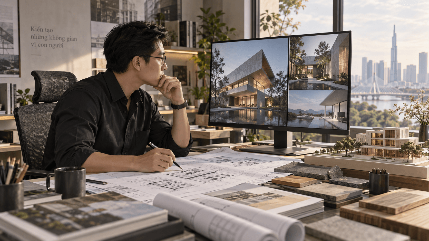 Kiến trúc sư trong studio đang so sánh hình ảnh AI với bản vẽ, mẫu vật liệu và mô hình công trình